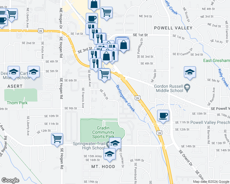 map of restaurants, bars, coffee shops, grocery stores, and more near 758 Southeast Lambert Circle in Gresham