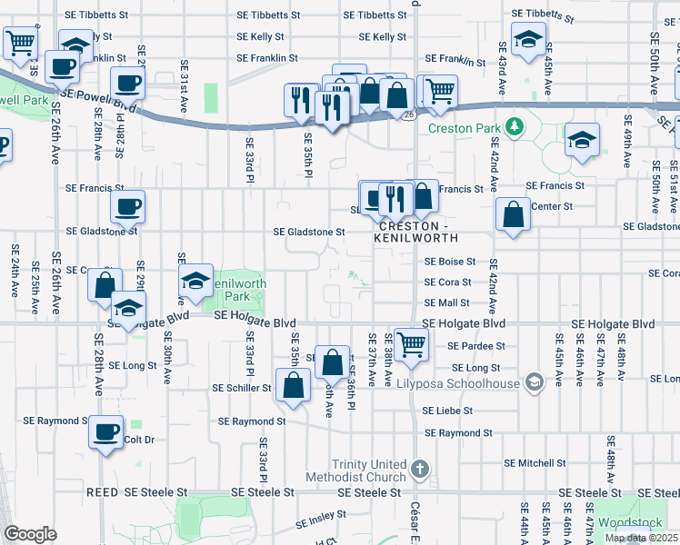 map of restaurants, bars, coffee shops, grocery stores, and more near 3508 Southeast Cora Drive in Portland
