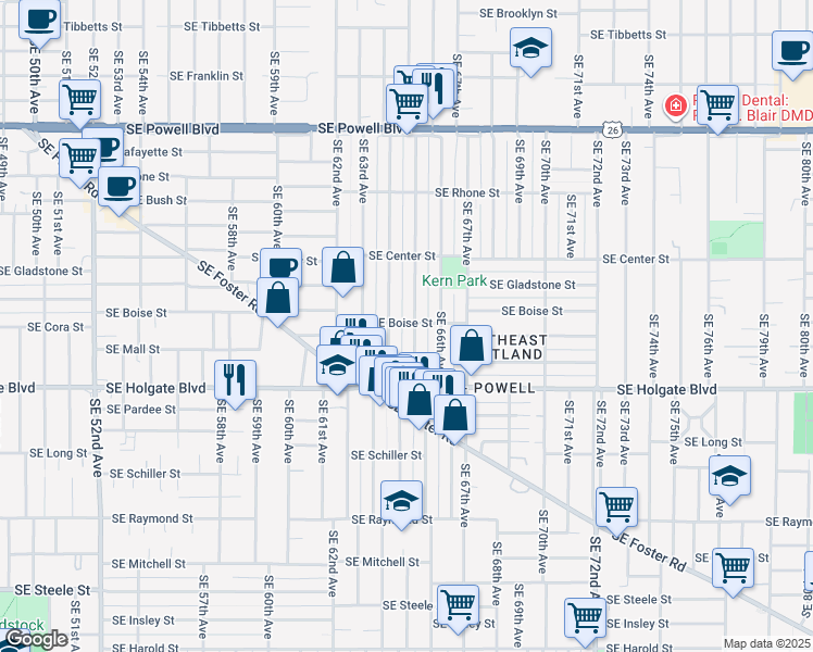 map of restaurants, bars, coffee shops, grocery stores, and more near 4205 Southeast 65th Avenue in Portland
