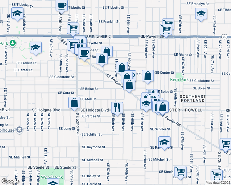 map of restaurants, bars, coffee shops, grocery stores, and more near 4220 Southeast 57th Avenue in Portland