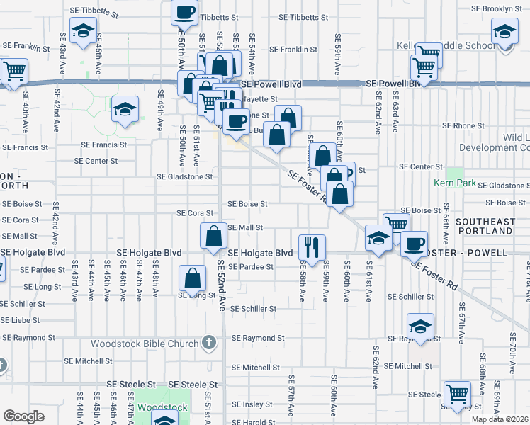 map of restaurants, bars, coffee shops, grocery stores, and more near 4214 Southeast 54th Avenue in Portland