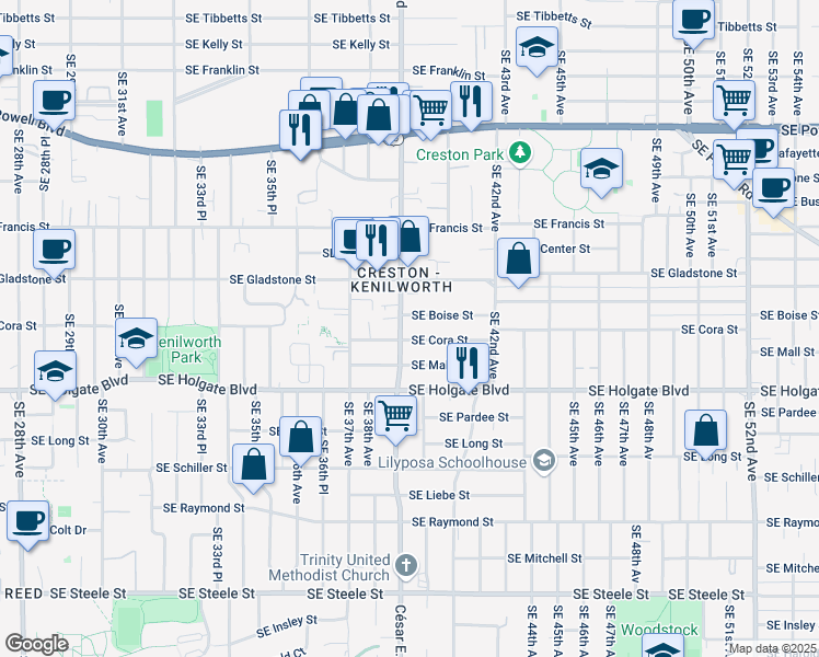 map of restaurants, bars, coffee shops, grocery stores, and more near 3934 Southeast Boise Street in Portland