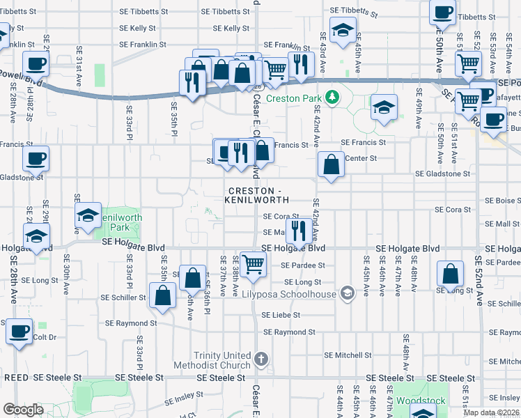 map of restaurants, bars, coffee shops, grocery stores, and more near 3934 Southeast Boise Street in Portland