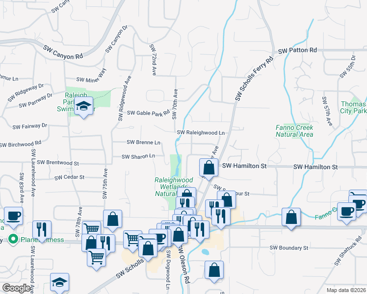 map of restaurants, bars, coffee shops, grocery stores, and more near 6940 Southwest Bancroft Way in Portland