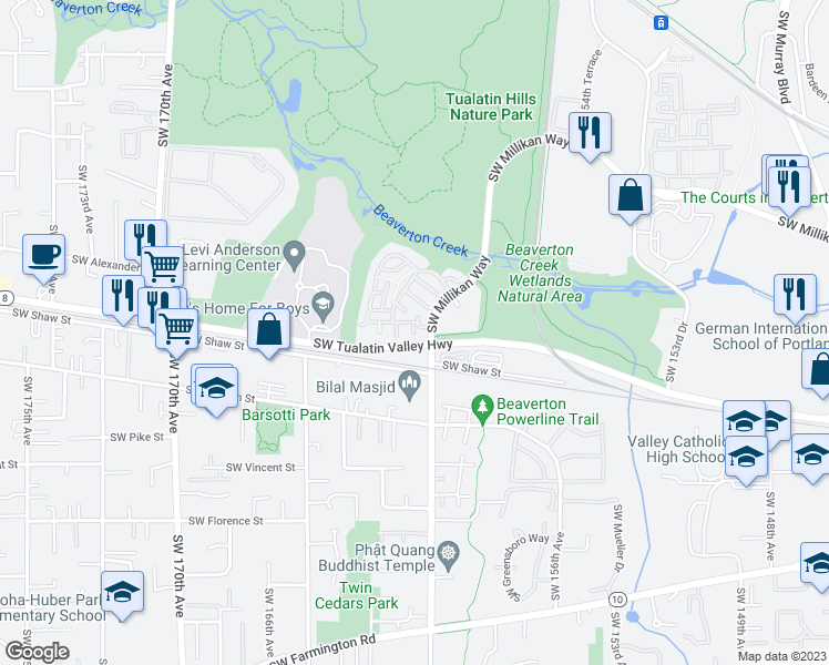map of restaurants, bars, coffee shops, grocery stores, and more near 16248 Southwest Audubon Street in Beaverton