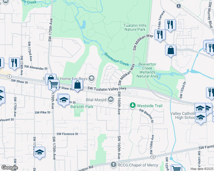 map of restaurants, bars, coffee shops, grocery stores, and more near 16245 Southwest Audubon Street in Beaverton