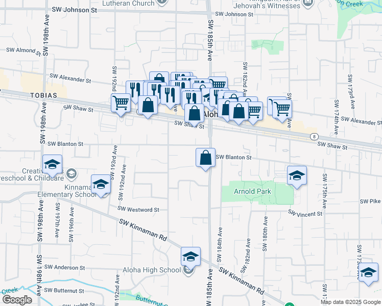 map of restaurants, bars, coffee shops, grocery stores, and more near 18670 Southwest Blanton Street in Beaverton