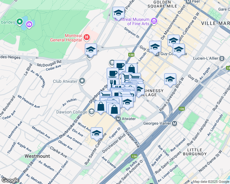 map of restaurants, bars, coffee shops, grocery stores, and more near 2100 Rue Chomedey in Montréal