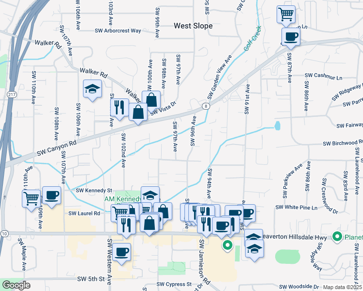 map of restaurants, bars, coffee shops, grocery stores, and more near 3830 Southwest 97th Avenue in Portland
