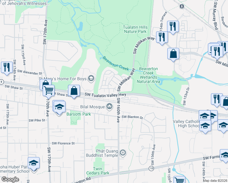 map of restaurants, bars, coffee shops, grocery stores, and more near 16248 Southwest Audubon Street in Beaverton