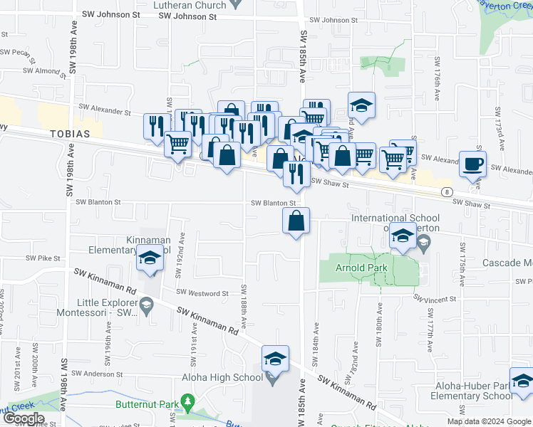 map of restaurants, bars, coffee shops, grocery stores, and more near 18670 Southwest Blanton Street in Beaverton