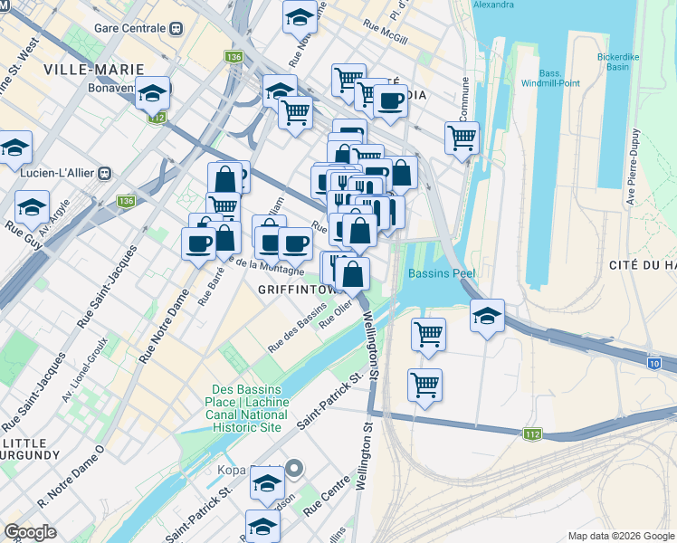 map of restaurants, bars, coffee shops, grocery stores, and more near 175 Rue de la Montagne in Montréal