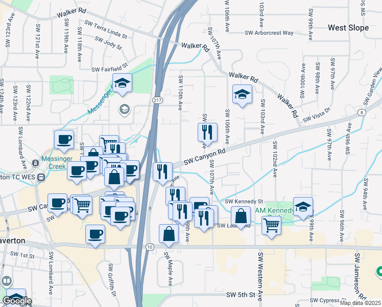 map of restaurants, bars, coffee shops, grocery stores, and more near 10975 Southwest Canyon Road in Beaverton