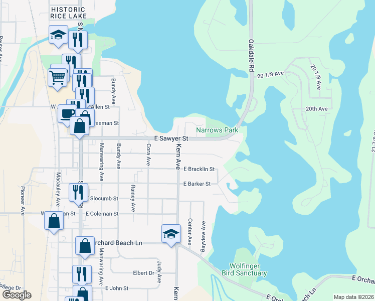 map of restaurants, bars, coffee shops, grocery stores, and more near 635 East Gates Street in Rice Lake
