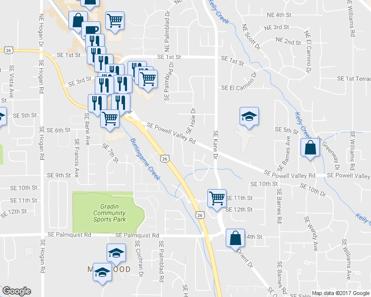 map of restaurants, bars, coffee shops, grocery stores, and more near 728 Southeast Robin Way in Gresham