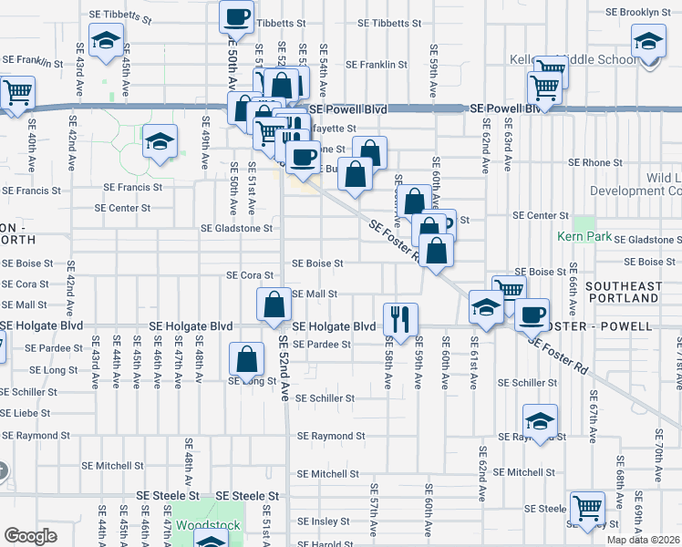 map of restaurants, bars, coffee shops, grocery stores, and more near 4214 Southeast 54th Avenue in Portland