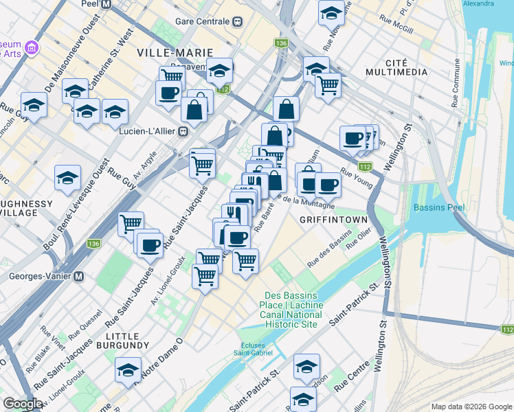 map of restaurants, bars, coffee shops, grocery stores, and more near 1374 Rue Notre-Dame Ouest in Montréal