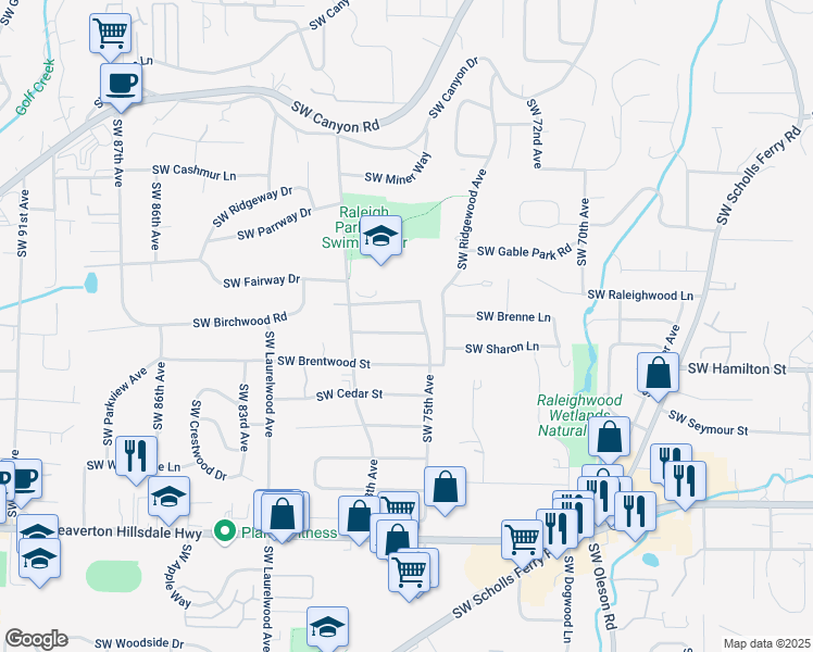 map of restaurants, bars, coffee shops, grocery stores, and more near 7585 Southwest Fairmoor Street in Portland