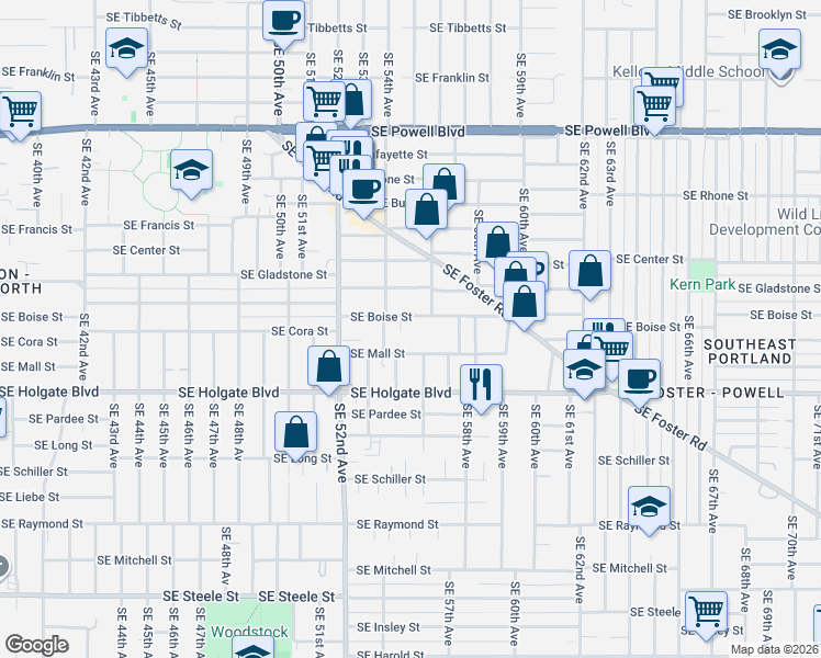 map of restaurants, bars, coffee shops, grocery stores, and more near 5486 Southeast Boise Street in Portland