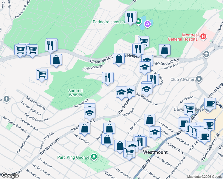 map of restaurants, bars, coffee shops, grocery stores, and more near 42 Belvedere Road in Westmount