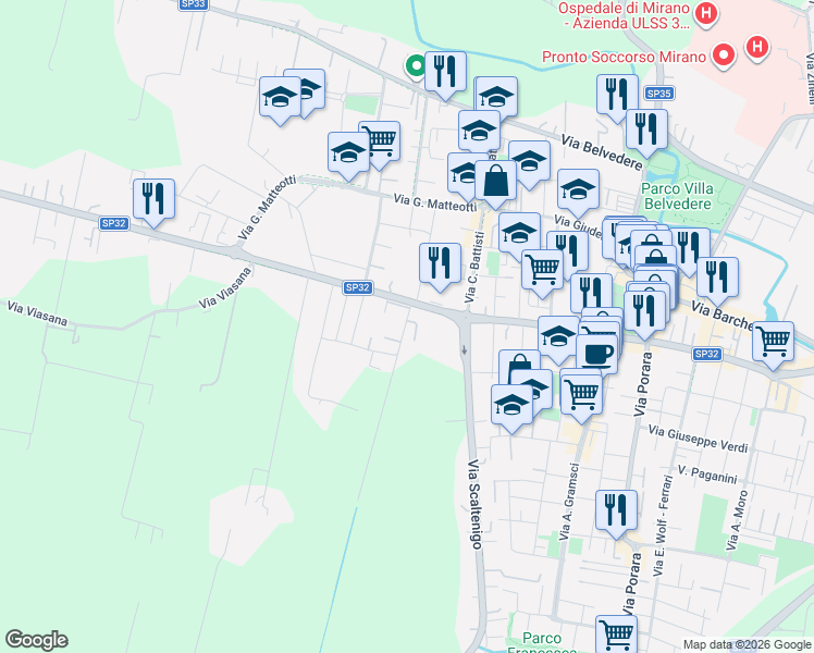 map of restaurants, bars, coffee shops, grocery stores, and more near 14 Via del Carnio in Mirano