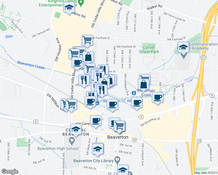 map of restaurants, bars, coffee shops, grocery stores, and more near 3830 Southwest Hall Boulevard in Beaverton