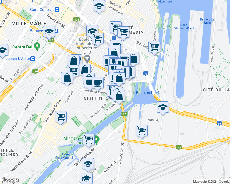 map of restaurants, bars, coffee shops, grocery stores, and more near 1195 Rue Wellington in Montréal