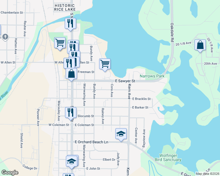 map of restaurants, bars, coffee shops, grocery stores, and more near 323 East Gates Street in Rice Lake
