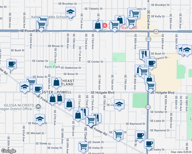 map of restaurants, bars, coffee shops, grocery stores, and more near 4224 Southeast 73rd Avenue in Portland