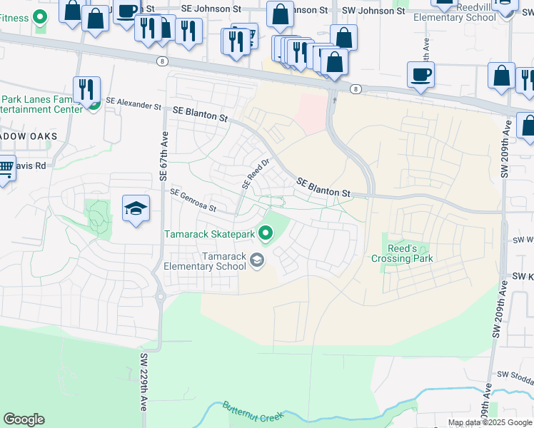 map of restaurants, bars, coffee shops, grocery stores, and more near 7391 Southeast Tamarack Street in Hillsboro