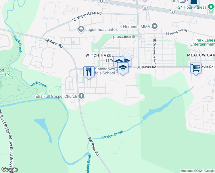 map of restaurants, bars, coffee shops, grocery stores, and more near 3798 Southeast Belle Oak Avenue in Hillsboro