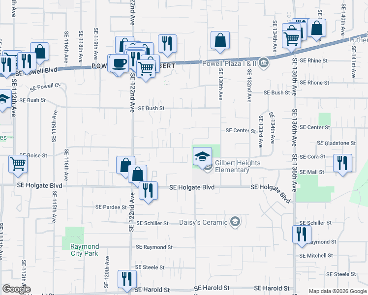 map of restaurants, bars, coffee shops, grocery stores, and more near 12633 Southeast Boise Street in Portland