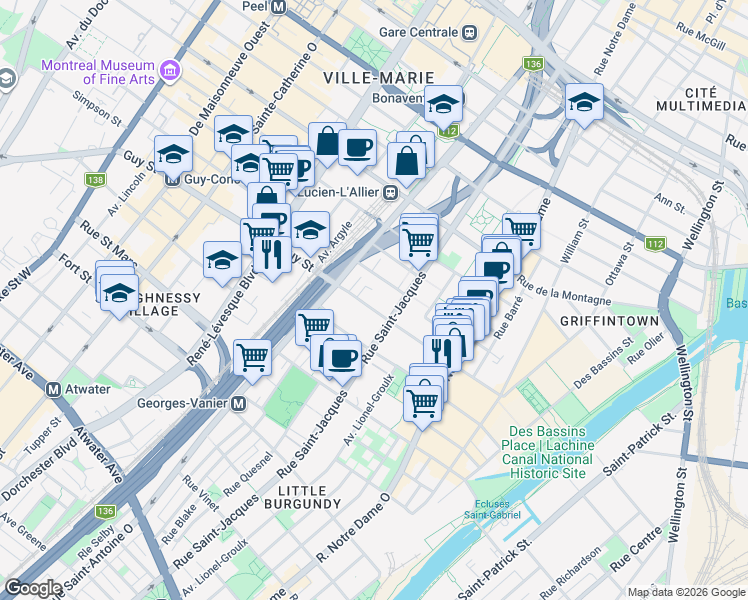 map of restaurants, bars, coffee shops, grocery stores, and more near 721 Rue Guy in Montréal