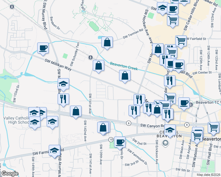 map of restaurants, bars, coffee shops, grocery stores, and more near 13795 Southwest Electric Street in Beaverton