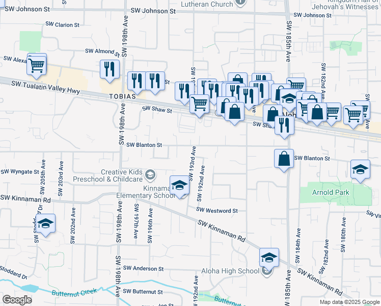 map of restaurants, bars, coffee shops, grocery stores, and more near 3835 Southwest 193rd Avenue in Aloha