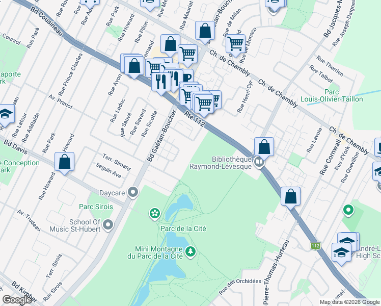 map of restaurants, bars, coffee shops, grocery stores, and more near 6100 Bernard Racicot in Longueuil