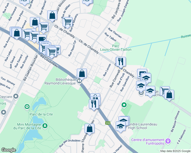 map of restaurants, bars, coffee shops, grocery stores, and more near Rue Racine in Longueuil