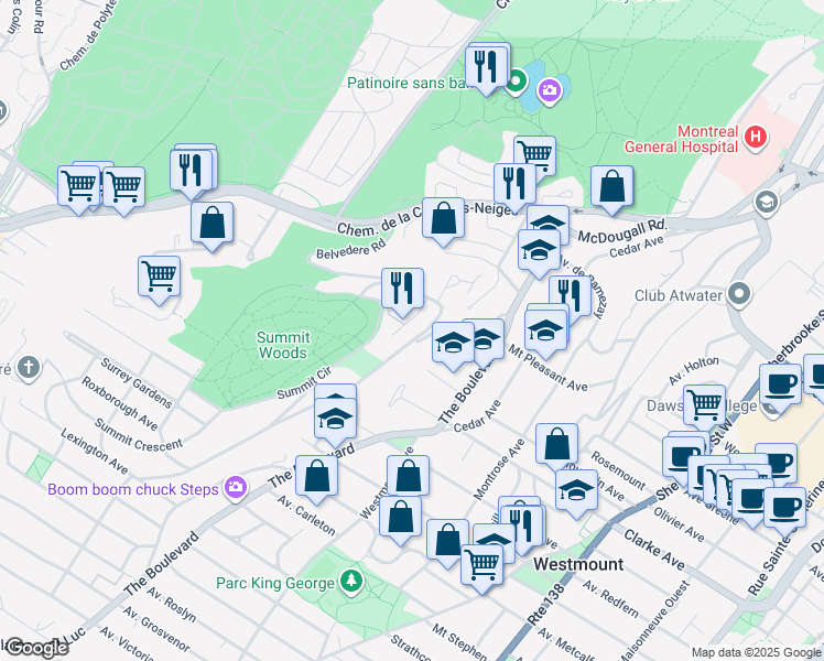map of restaurants, bars, coffee shops, grocery stores, and more near 42 Chemin Belvédère in Westmount