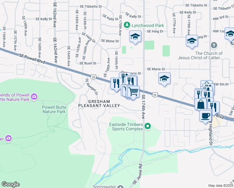map of restaurants, bars, coffee shops, grocery stores, and more near 17102 Southeast Powell Boulevard in Portland
