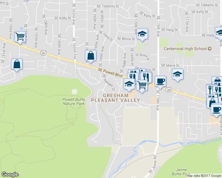 map of restaurants, bars, coffee shops, grocery stores, and more near 16710 Southeast Naegeli Drive in Portland