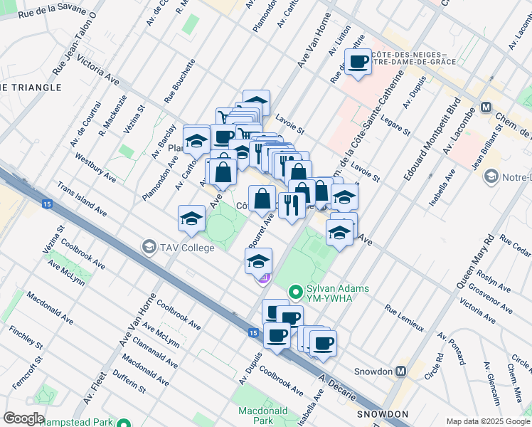 map of restaurants, bars, coffee shops, grocery stores, and more near 4875 Avenue Bourret in Montréal