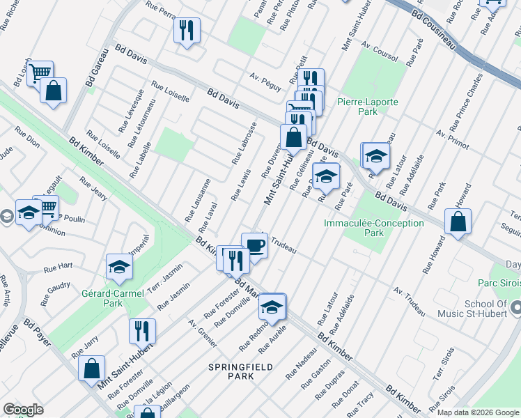 map of restaurants, bars, coffee shops, grocery stores, and more near 3804 Montée Saint-Hubert in Longueuil