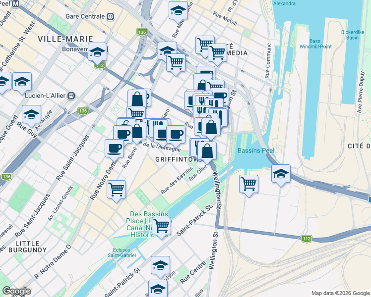 map of restaurants, bars, coffee shops, grocery stores, and more near 225 Rue de la Montagne in Montréal