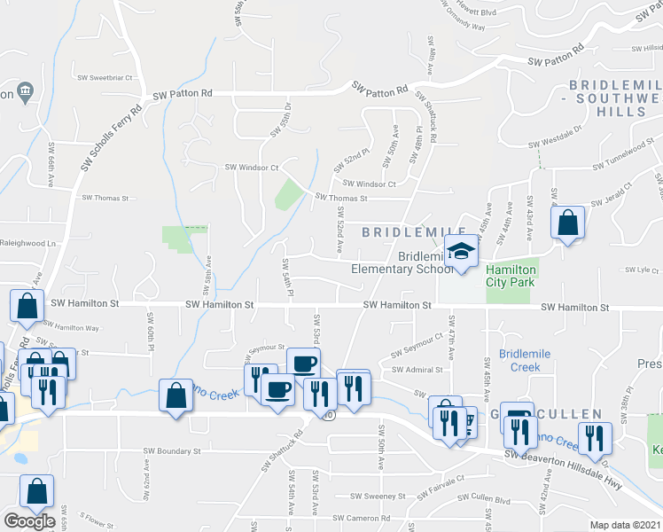 map of restaurants, bars, coffee shops, grocery stores, and more near 5208 Southwest Bancroft Street in Portland