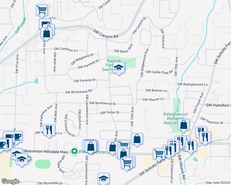 map of restaurants, bars, coffee shops, grocery stores, and more near 7735 Southwest Fairmoor Street in Portland