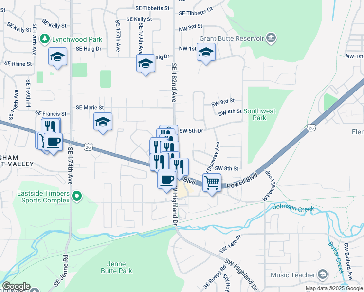 map of restaurants, bars, coffee shops, grocery stores, and more near 4100 Southeast 182nd Avenue in Gresham