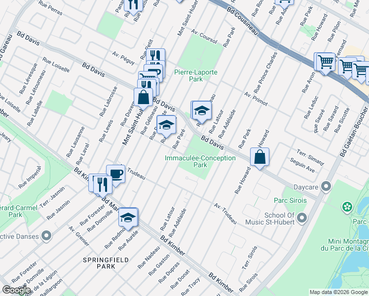 map of restaurants, bars, coffee shops, grocery stores, and more near 3680 Rue Rocheleau in Longueuil