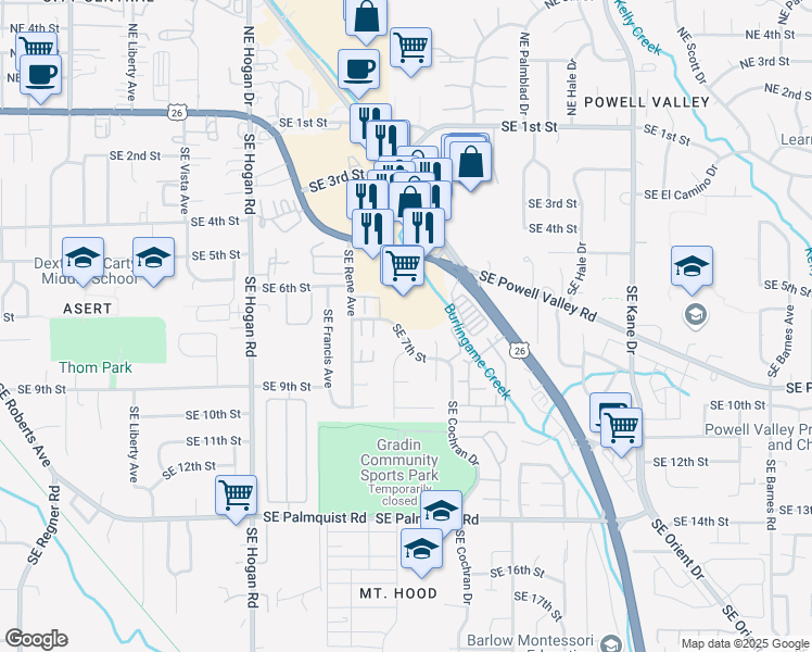 map of restaurants, bars, coffee shops, grocery stores, and more near 2411-2415 Southeast 7th Street in Gresham