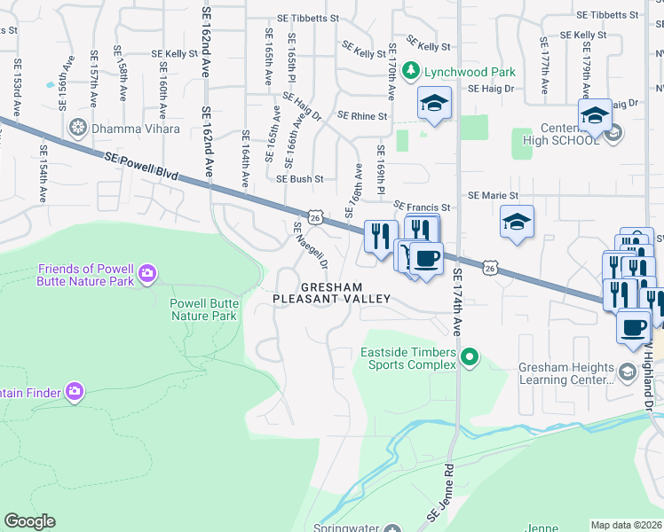 map of restaurants, bars, coffee shops, grocery stores, and more near 16710 Southeast Naegeli Drive in Portland