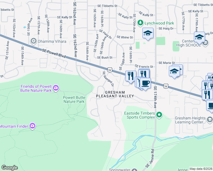 map of restaurants, bars, coffee shops, grocery stores, and more near 16710 Southeast Naegeli Drive in Portland
